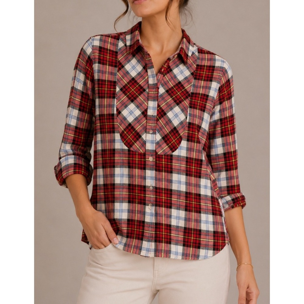 Barbour Womens Red Tartan Plaid Flannel Button Down Shirt Relaxed US 6 LSH1167
